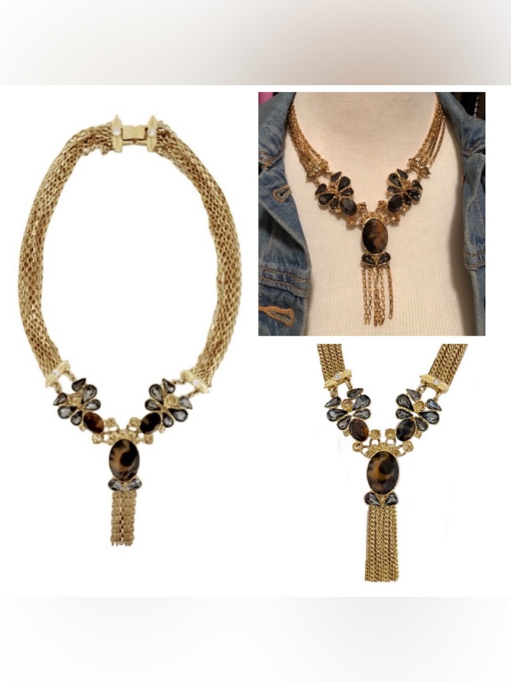 Ann Taylor Tortoise Crystal Fringe Tassel Statement Necklace Gold Tone Retired